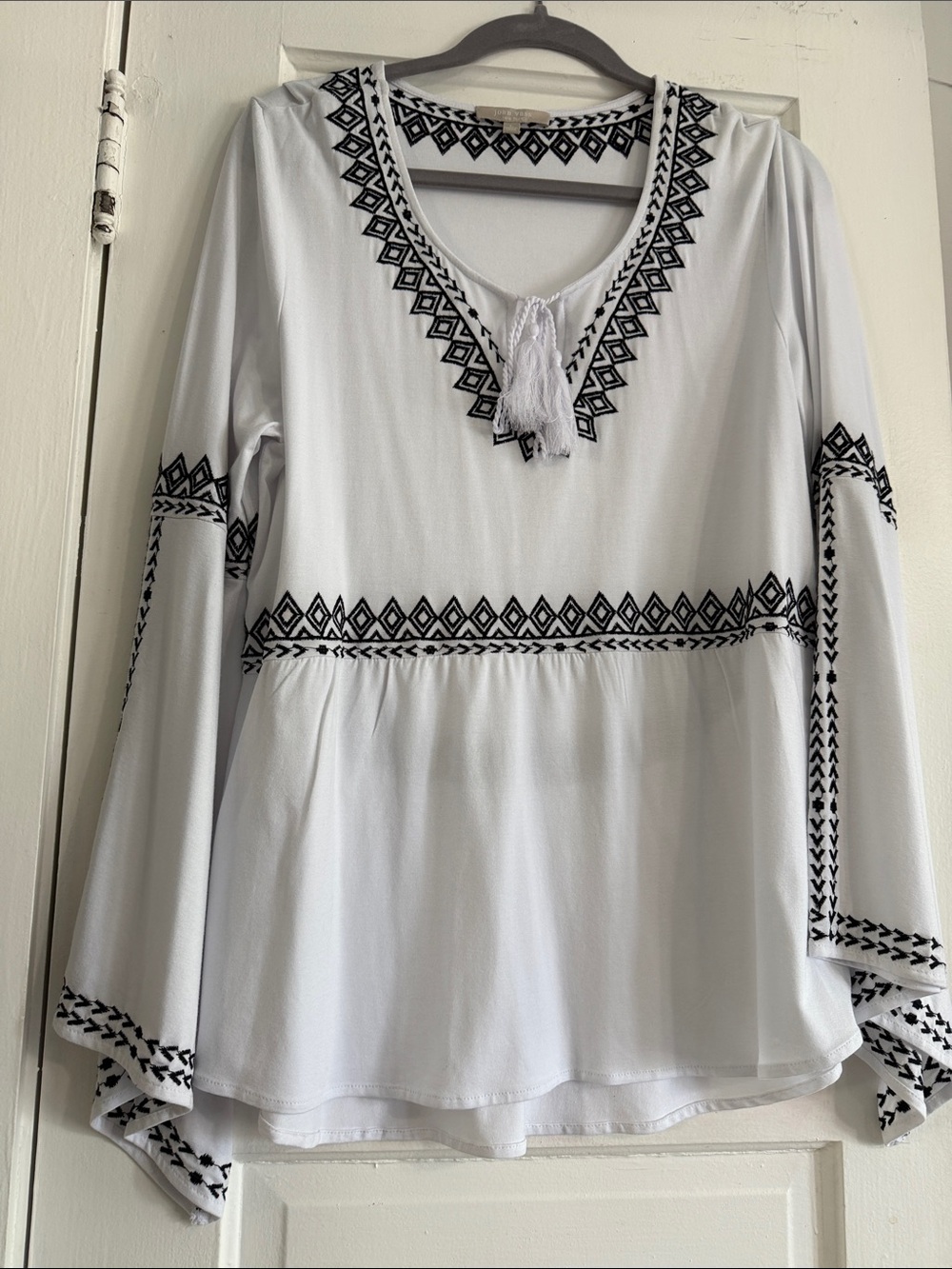 Joan Vass White Tunic Top with Black Geometric Embroidery